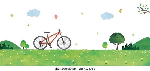 Landscape watercolor of meadow with bicycle and trees