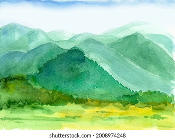 Landscape of watercolor mountains. Template for banner, poster, packaging, postcard, web design. Hand Drawn vector illustration.