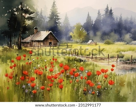 Landscape watercolor painting House in the forest Spring landscape with wooden house and river dream painting 