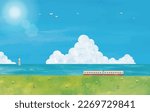 Landscape watercolor of summer sea, meadow and train