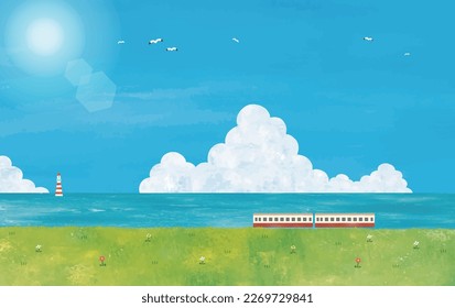 Landscape watercolor of summer sea, meadow and train