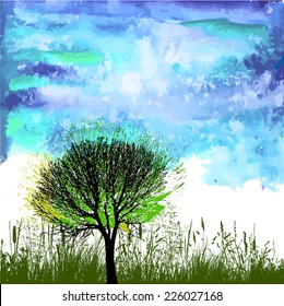 Landscape watercolor tree and sky. Vector 