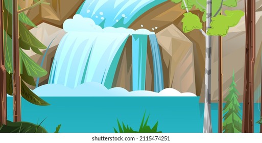 landscape with waterfall among rocks. Cascade shimmers downward. Water flowing. Nice cartoon style. Flat design. Vector.