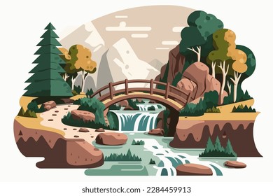 Landscape with waterfall and bridge. Vector illustration in flat style. A river with a small waterfall and a log bridge