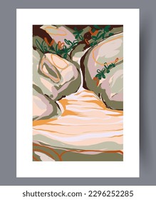 Landscape waterfall natural improvisation wall art print. Printable minimal abstract waterfall poster. Wall artwork for interior design. Contemporary decorative background with improvisation.