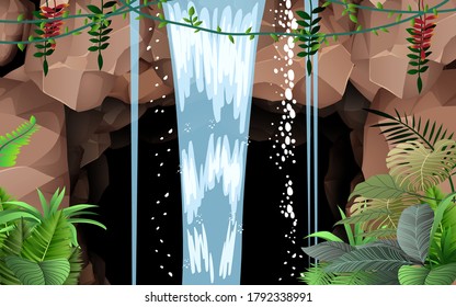 landscape of waterfall on the cave in the jungle