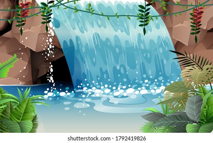 landscape of waterfall on the cave in the jungle