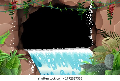 landscape of waterfall out of cavern in the forest