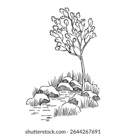 Paisagem com cachoeira, rochas, árvore. Ilustração de vetor desenhada à mão.