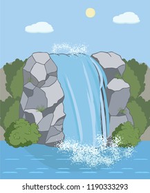 landscape with waterfall, summer view, vector cartoon illustration of natural phenomenon