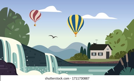 
Landscape with waterfalls and balloons. Vector illustration ready for animation.
