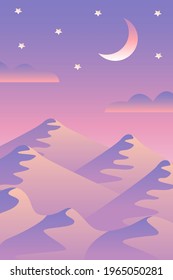 Landscape with waves. Blue night sky. Moon and stars. Yellow, pink, purple and violet mountains silhouette. Sandy desert dunes. Nature and ecology. Vertical banner. Social media, post cards, posters