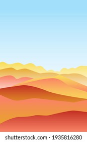 Landscape with waves. Blue sun set sky. Yellow, orange, pink and red mountains silhouette. Sandy desert dunes. Nature and ecology. Vertical orientation. For social media, post cards and posters
