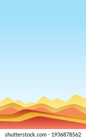 Landscape with waves. Blue sun set sky. Yellow, orange, pink and red mountains silhouette. Sandy desert dunes. Nature and ecology. Vertical orientation. For social media, post cards and posters