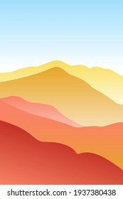 Landscape with waves. Blue sun set sky. Yellow, orange, pink and red mountains silhouette. Sandy desert dunes. Nature and ecology. Vertical orientation. For social media, post cards and posters