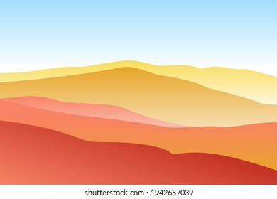 Landscape with waves. Blue sun set sky. Yellow, orange, pink and red mountains silhouette. Sandy desert dunes. Nature and ecology. Horizontal orientation. For social media, post cards and posters