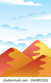 Landscape with waves. Blue sun set sky. Yellow, orange, pink and red mountains silhouette. Sandy desert dunes. Nature and ecology. Vertical orientation. For social media, post cards and posters