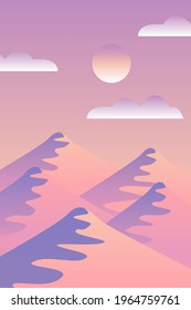 Landscape with waves. Blue sun set sky. Yellow, pink, purple and violet mountains silhouette. Sandy desert dunes. Nature and ecology. Vertical orientation. For social media, post cards and posters