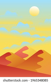 Landscape with waves. Blue sun set sky. Yellow, orange, pink and red mountains silhouette. Sandy desert dunes. Nature and ecology. Vertical orientation. For social media, post cards and posters