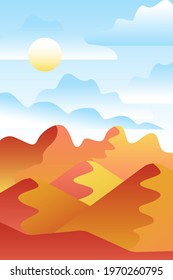 Landscape with waves. Blue sun set sky. Yellow, orange, pink and red mountains silhouette. Sandy desert dunes. Nature and ecology. Vertical orientation. For social media, post cards and posters