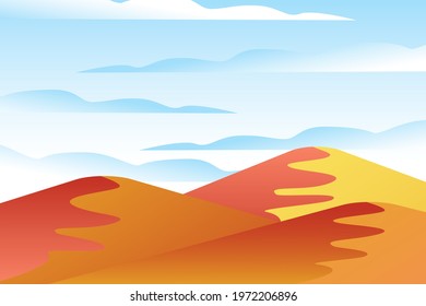 Landscape with waves. Blue sun set sky. Yellow, orange, pink and red mountains silhouette. Sandy desert dunes. Nature and ecology. Horizontal orientation. Social media, post cards and posters