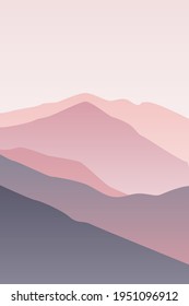 Landscape with waves. Pastel pink sun set sky. Purple, pink and gray mountains silhouette. Sandy foggy desert dunes. Nature and ecology. Vertical orientation. For social media, post cards and posters