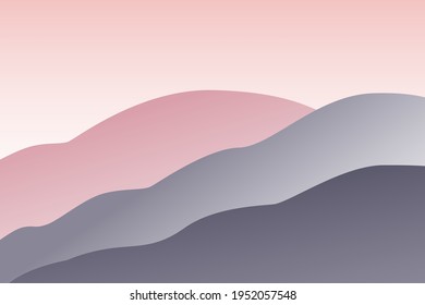 Landscape with waves. Pastel pink sun set sky. Purple, pink and gray mountains silhouette. Sandy foggy desert dunes. Nature and ecology. Horizonal orientation. For social media, post cards and posters