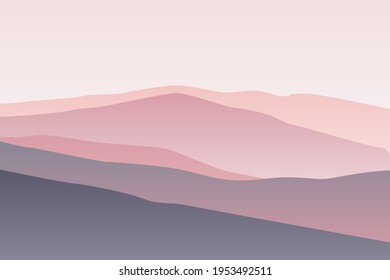 Landscape with waves. Pastel pink sun set sky. Purple, pink and gray mountains silhouette. Sandy foggy desert dunes. Nature and ecology. Horizonal orientation. For social media, post cards and posters