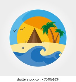 Landscape with waves of sandy beach, camping tent and palm trees at sunset. Icon for web and mobile application. Logotype. Badge. Vector illustration on a white background. Flat design style.