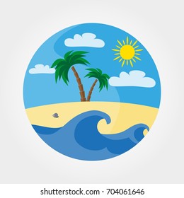 Landscape with waves of a sandy beach, the sea, palm trees under the sun. Icon for web and mobile application. Logotype. Badge. Vector illustration on a white background. Flat design style.