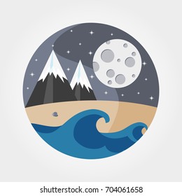 Landscape with waves of the sandy beach, sea, mountains under the full moon. Icon for web and mobile application. Logotype. Badge. Vector illustration on a white background. Flat design style.