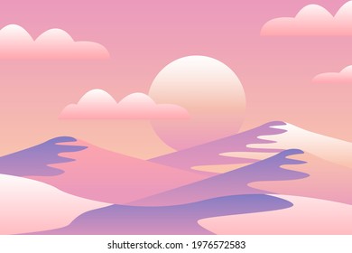 Landscape with waves. Sun rise sky. Yellow, pink, purple and violet mountains silhouette. Sandy desert dunes. Nature and ecology. Horizontal orientation. For social media, post cards and posters