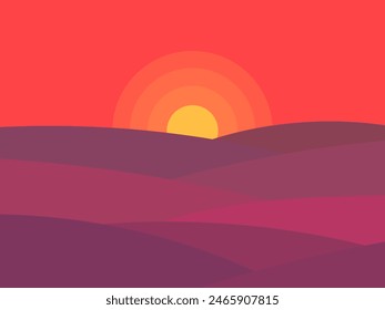 Paisaje con paisaje ondulado y cielo rojo al atardecer. Paisaje del desierto en estilo boho. Vista de las colinas. Diseño para Fondos de pantalla, portadas, Anuncios y carteles. Ilustración vectorial