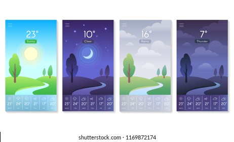 Landscape for weather app. Beautiful daytime sky with sun, moon at night noon and rainy clouds. Morning and day interface background for mobile screen vector concept isolated icons set