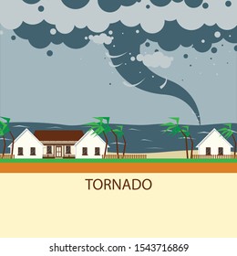 Landscape. Weather banner, poster. Twisting tornado or storm. Flat illustration tropical natural disaster, cataclysm, catastrophe and crisis background. Hurricane in ocean. 