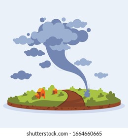 Landscape. Weather banner, poster. Twisting tornado or storm. Realistic tropical natural disaster, cataclysm, catastrophe and crisis background. Hurricane in the field.