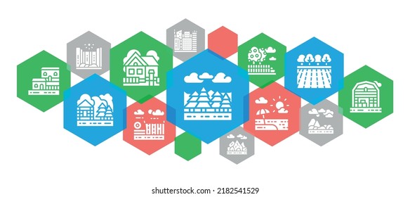 Landscape web banner. Bridge, Forest, Garden, Volcano, Windmill vector horizontal line icons illustration.