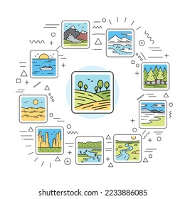 Landscape web banner. Infographics with linear icons on white background. Creative idea concept.