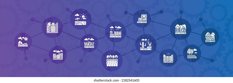 Landscape web banner with white icons set. Bridge, Forest, Garden, Volcano, Windmill illustration. Web banner layout template.