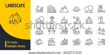 Landscape web icons in line style. Nature, landscape, forest, sea, sunset, mountain, travel, road, lake, view. Vector illustration.