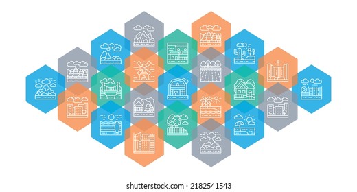 Landscape web page banner. Bridge, Forest, Garden, Volcano, Windmill line icons concept isolated on white background.