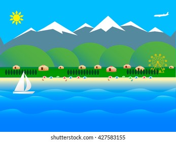 Landscape. Welcome to Kyrgyzstan. Lake Issyk-kul and coast. Mountains, yurts, sunshine and beautiful nature. Vector Illustration.
