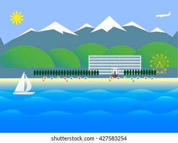 Landscape. Welcome to Kyrgyzstan. Lake Issyk-kul and coast. Mountains, yurts, sunshine and beautiful nature. Vector Illustration.