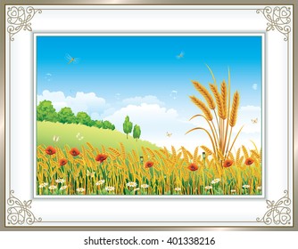 Landscape with wheat against the sky with clouds in a frame with an ornament
