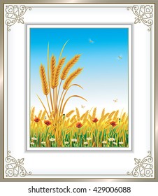 Landscape with wheat against the sky in a frame with an ornament
