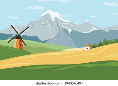 El paisaje del molino de trigo alberga hermosas montañas de flores.