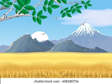 Landscape - wheat field. Mountain range on the horizon. Sunset. Vector illustration