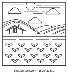 Landscape with wheat field or vegetable garden, village house and hills outline drawing vector. Rural agricultural countryside with building and plants. Crop or harvest and suburban construction