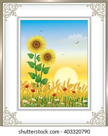 Landscape with wheat with sunflowers on a background of a sunset in a frame with an ornament