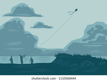 Landscape in which you see some people playing with a kite on the beach a day with clouds an wind